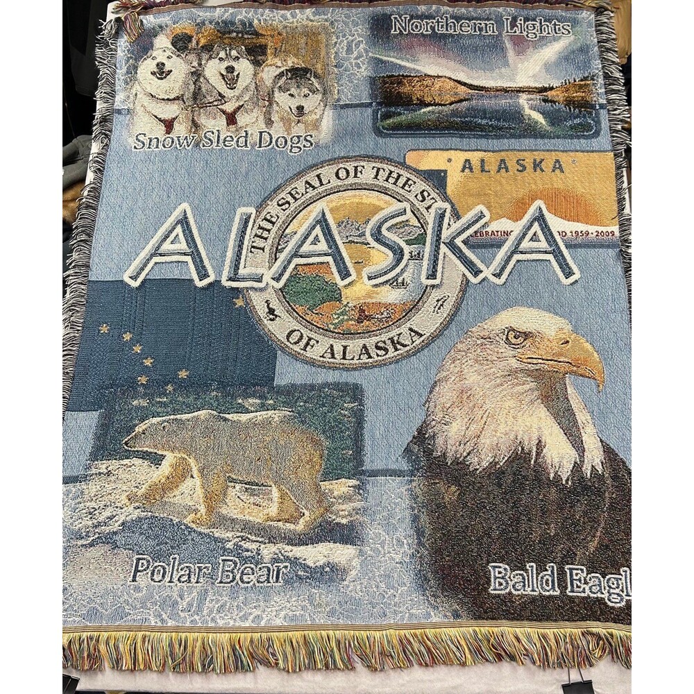 Alaska Woven Talestry Polar Bear Bald Eagle Throw Sled Dog Blanket 47x57